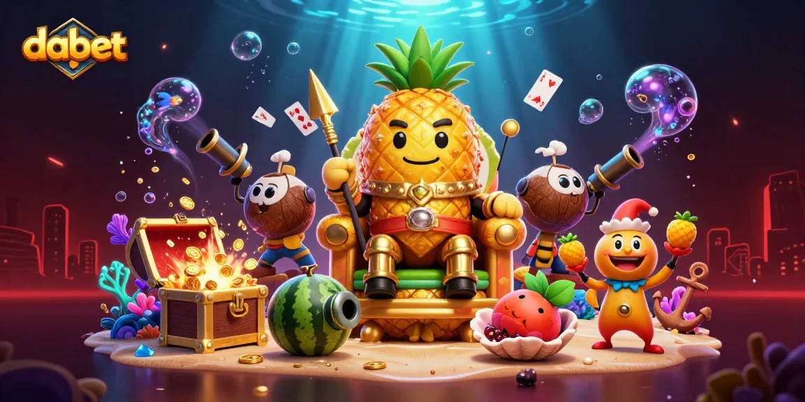dabet's golden pineapple king celebrates with coconut guards in a vibrant beach casino scene.