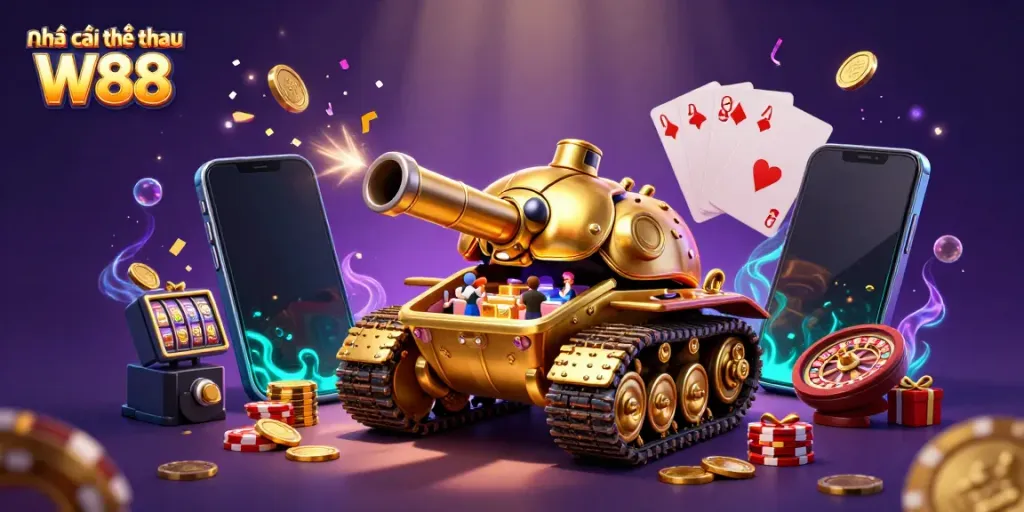 Engage with Nhà cái thể thao W88 through this vibrant casino tank illustration, showcasing a miniature casino bustling with activity.