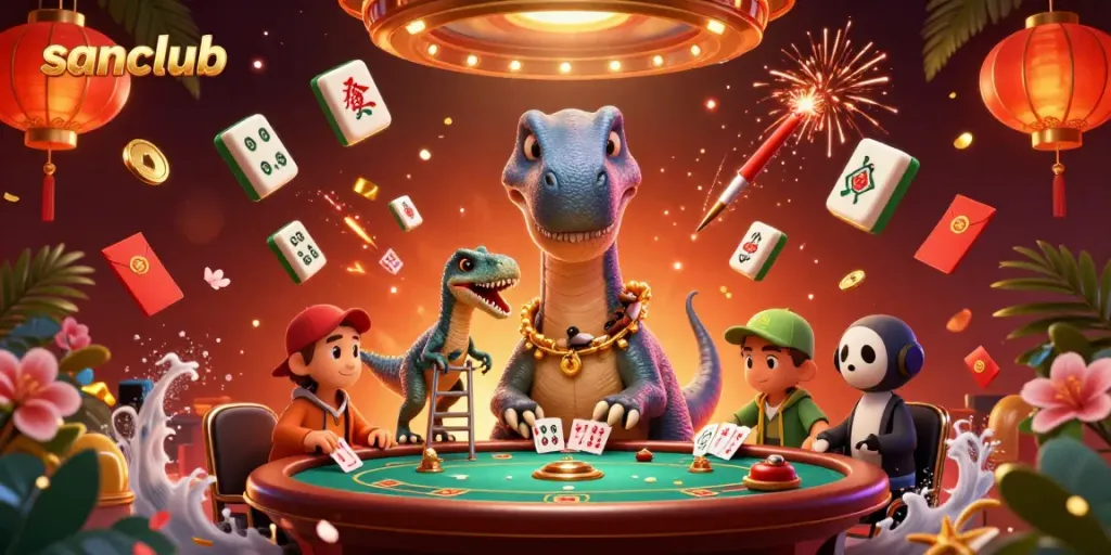 Experience the thrilling world of sanclub with colossal cartoon dinosaurs and vibrant gaming elements.