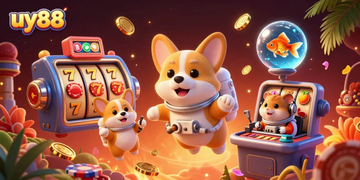 Experience the thrill of uy88 with a cartoon astronaut corgi in a vibrant space casino setting.
