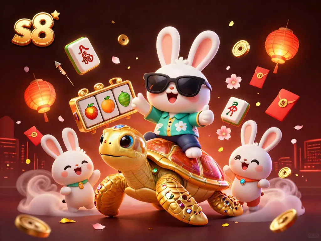 Engage in thrilling slots action with s8 as the lucky rabbit rides a golden turtle amidst festive casino visuals.