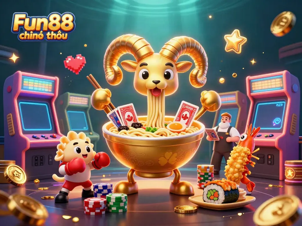 Experience Fun88 chính thức with engaging characters and vibrant arcade elements in a dynamic casino scene.