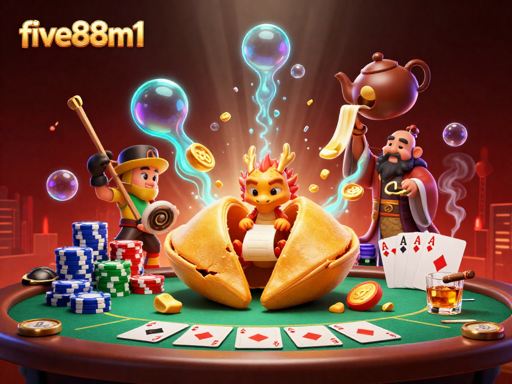Experience the excitement of five88m1 with a dynamic 3D illustration featuring casino elements and characters.