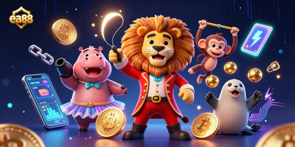 Experience ea88's dynamic gaming with a lively circus-themed illustration featuring vibrant characters and crypto elements.