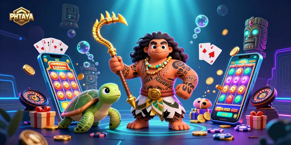 PHTAYA gaming scene featuring a Polynesian demigod hawk and turtle, surrounded by vibrant casino elements.