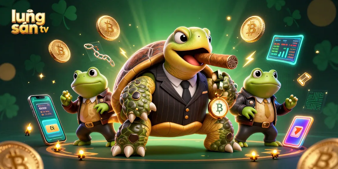 Lương Sơn TV captures football passion with a lively illustration of a turtle mobster surrounded by dynamic casino elements.