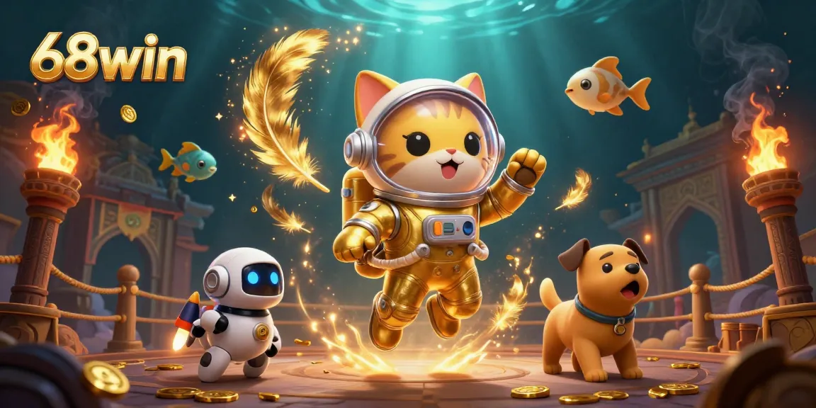 Bet on big wins with 68win as a space cat and robot dog explore vibrant casino adventures.