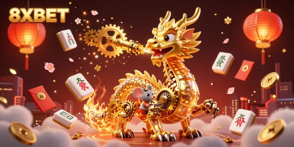 Engage in thrilling gaming experiences at 8XBET with a captivating visual of the dragon and vibrant casino elements.