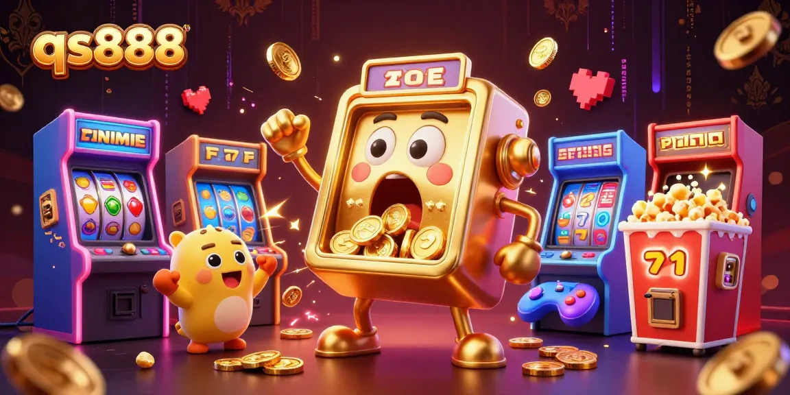 qs888 slot machines hitting jackpots amid glowing game elements and colorful arcade setups