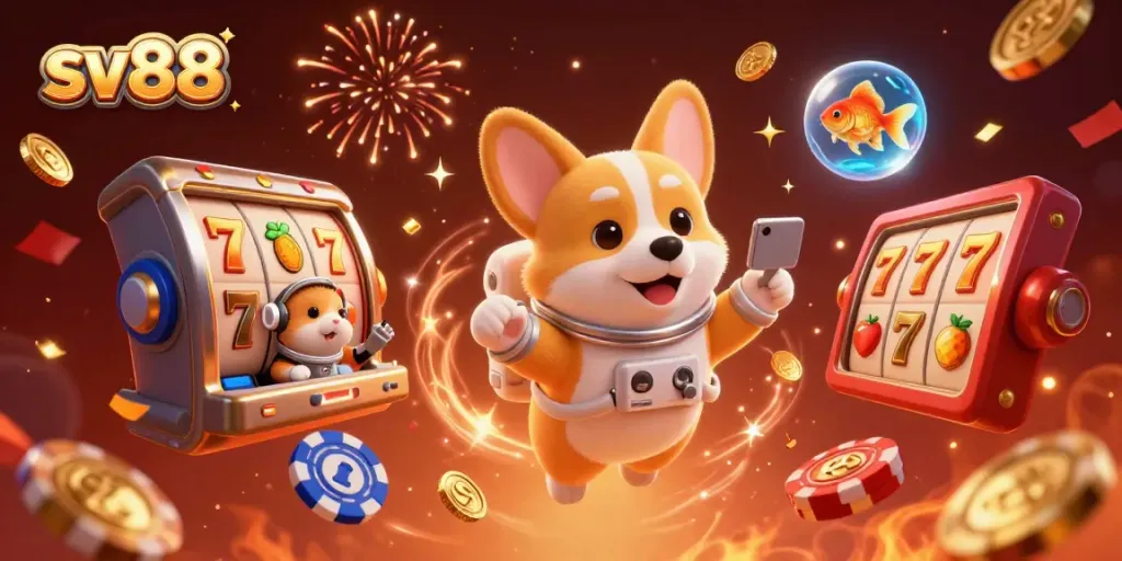 Engage with sv88's exciting gaming atmosphere featuring a floating corgi astronaut, joyful symbols, and dynamic casino elements.