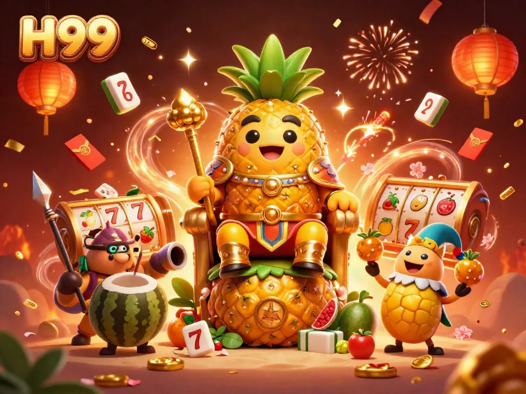 Experience the vibrant world of H99 casino with a golden pineapple king and thrilling games.