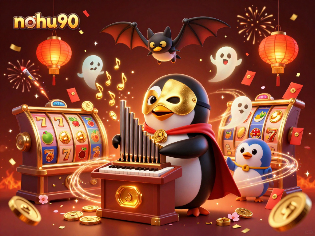 Nohu90 brings excitement as a penguin plays a golden pipe organ shooting coins in a vibrant casino scene.