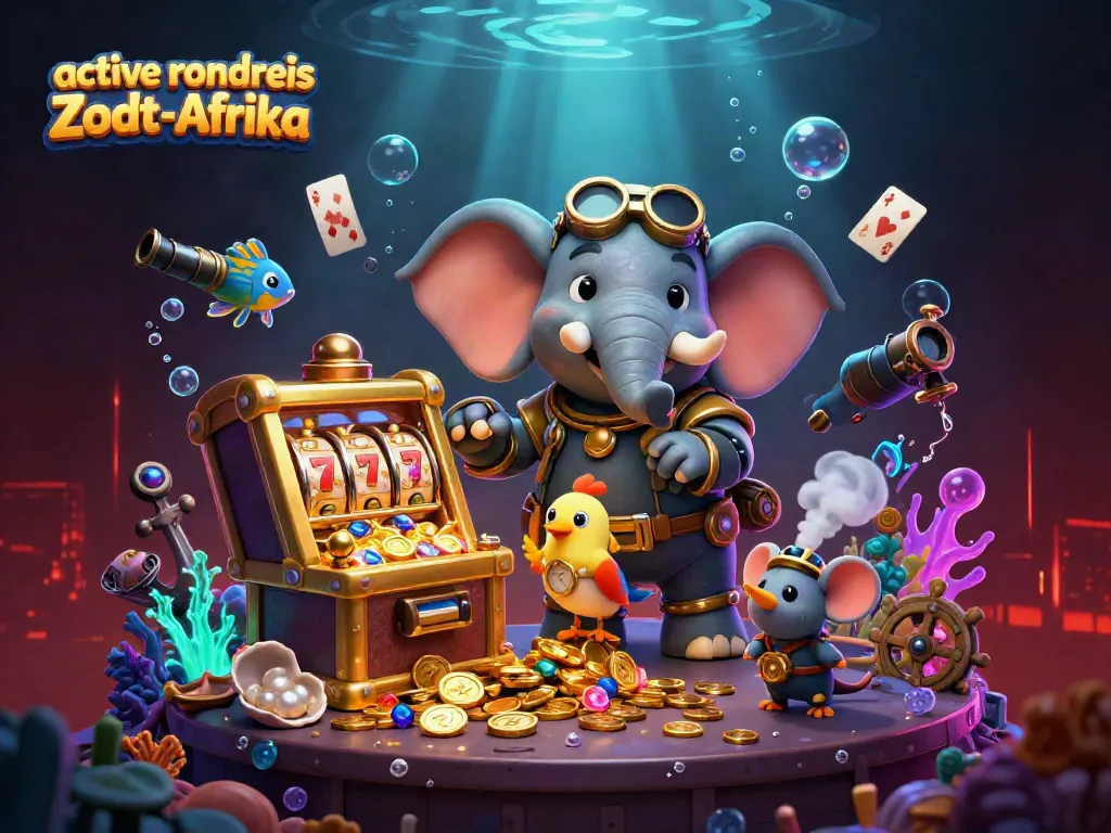 Actieve rondreis Zuid-Afrika met een steampunk olifant die een gouden gokkast bedient, vol spanning.