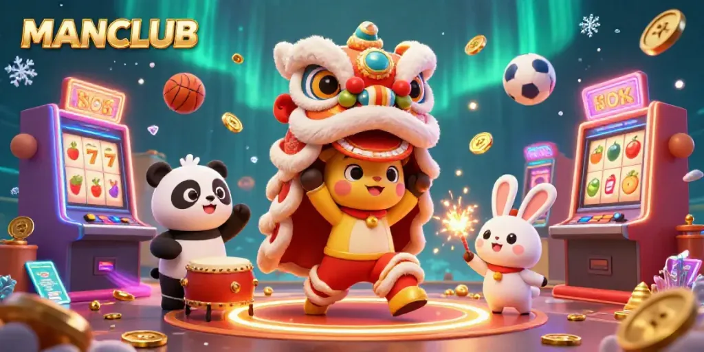 Engage with MANCLUB's festive gaming atmosphere featuring a lively casino scene with characters and vibrant game elements.