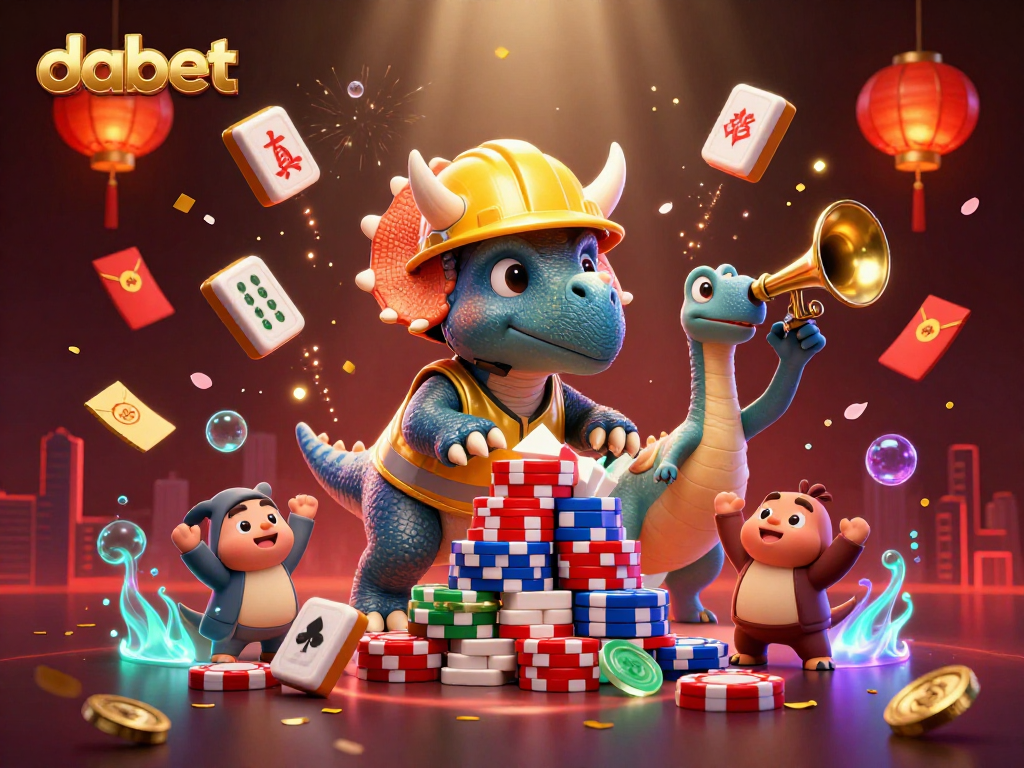 dabet showcases a triceratops and parasaurolophus celebrating in a vibrant casino scene, surrounded by festive gaming elements.