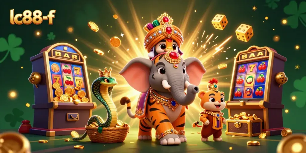 Experience jackpot excitement with lc88-f at the virtual slots, featuring a vibrant 3D scene.
