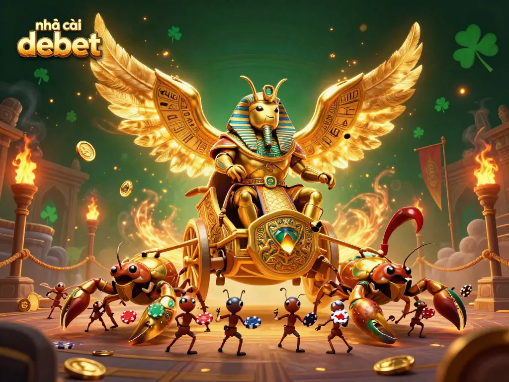 Engage in thrilling gaming at nhà cái debet with vibrant 3D illustration of a golden beetle chariot.