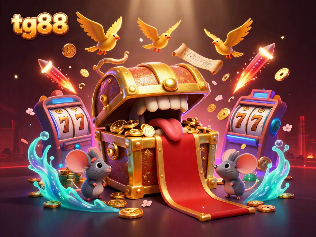 Engage with tg88's vibrant casino scene featuring a treasure chest and golden treasures.