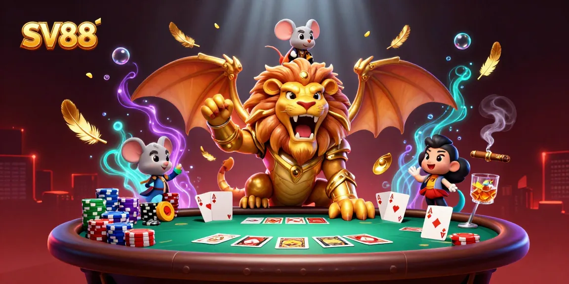Experience thrilling gaming at SV88 with a victorious chimera at a poker table, celebrating wins!