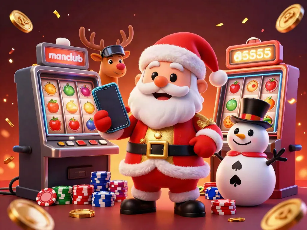 Experience jackpot excitement at manclub with Santa, reindeer, and a snowman in a vibrant casino scene.