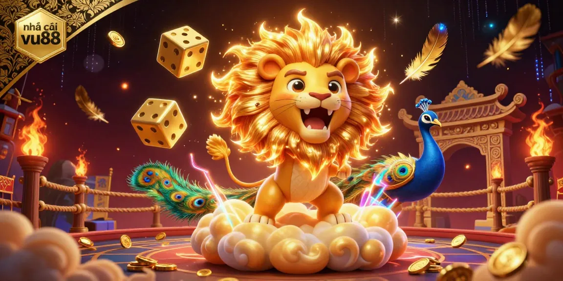Engage with nhà cái vu88 in a vibrant 3D casino world featuring a roaring lion and golden dice.