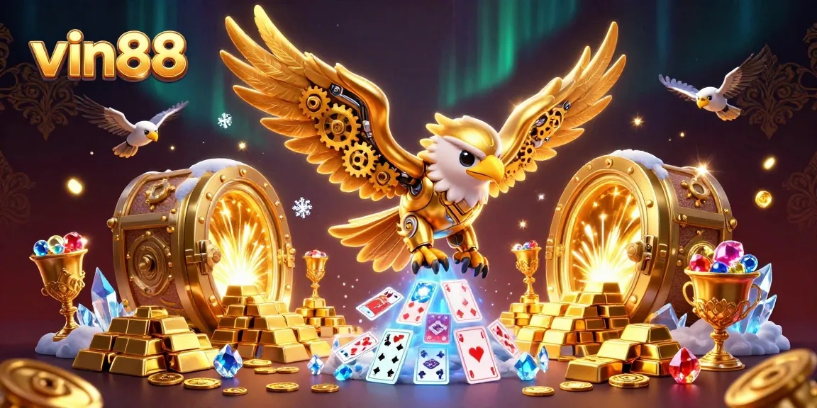 Experience the thrill of vin88 with golden treasures and dynamic characters in a vibrant casino scene.
