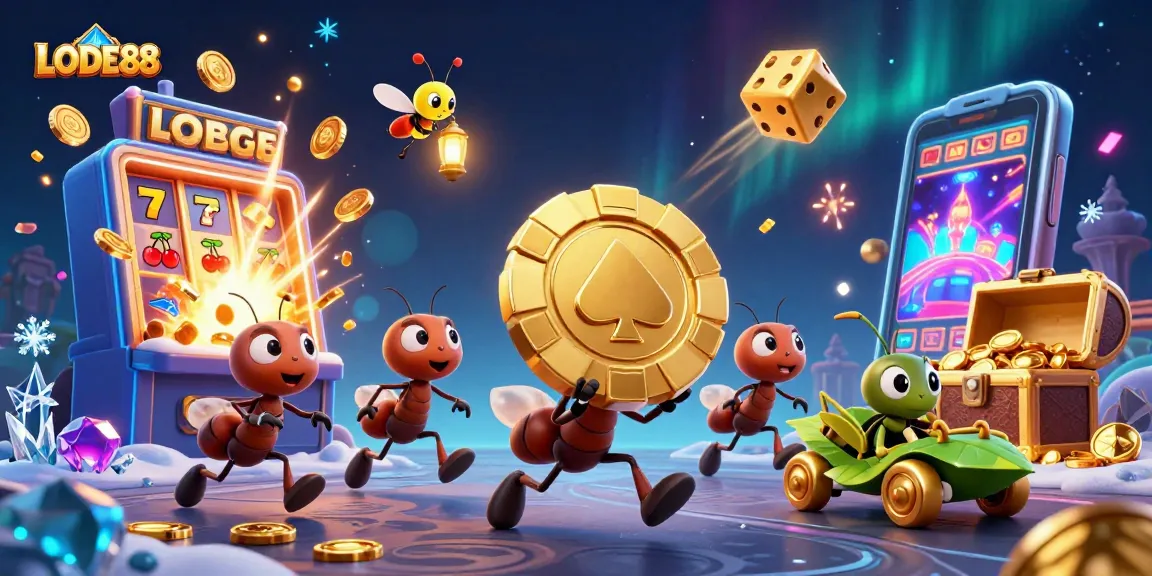 Ants heist carrying LODE88 poker chip amidst vibrant casino elements and explosion of coins.
