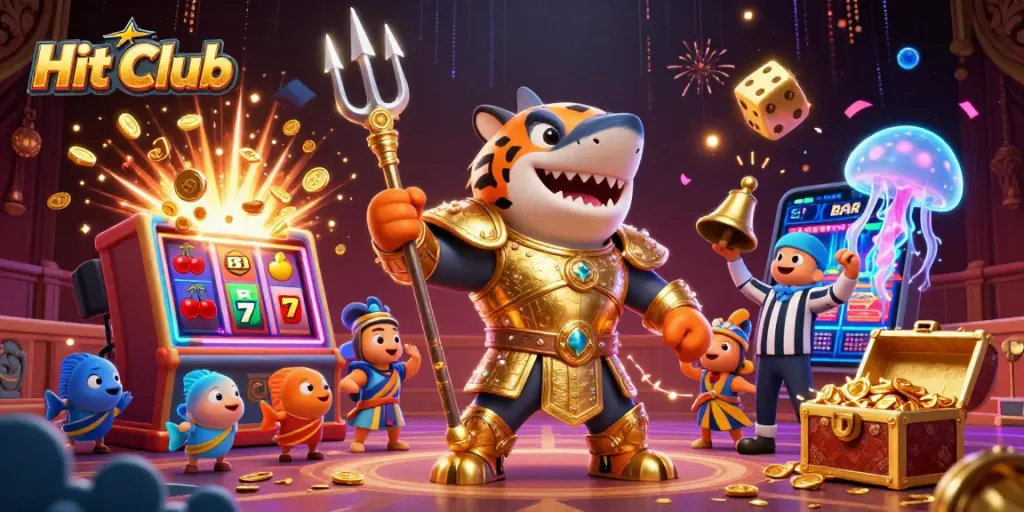 Hit Club showcases an energetic scene with a tiger shark, jackpot slots, and vibrant casino symbols.