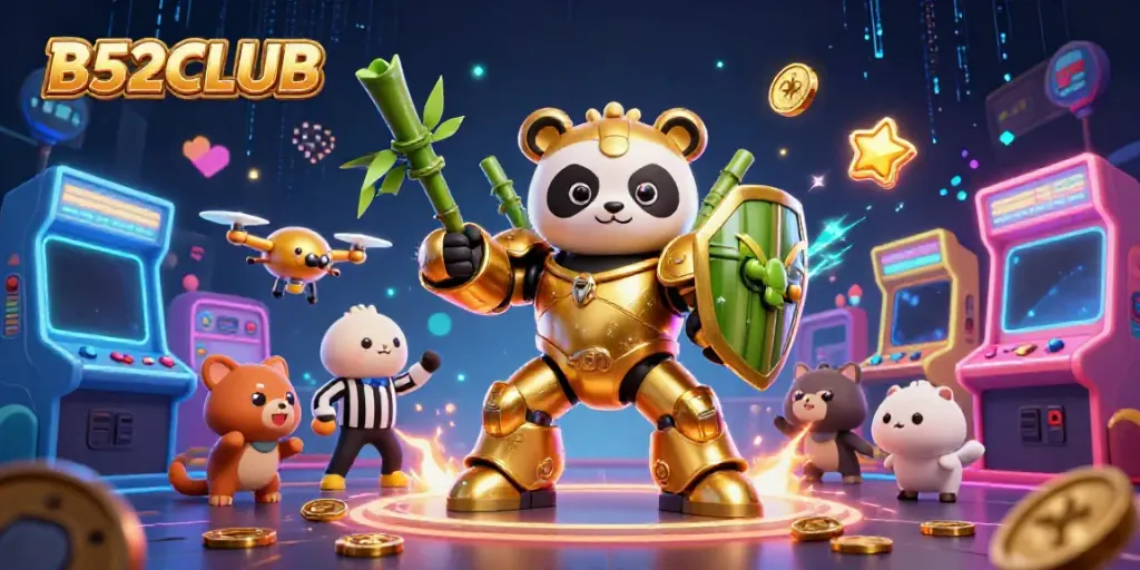 B52CLUB showcases a vibrant 3D casino scene with a golden panda in a mech-suit for an immersive gaming experience.