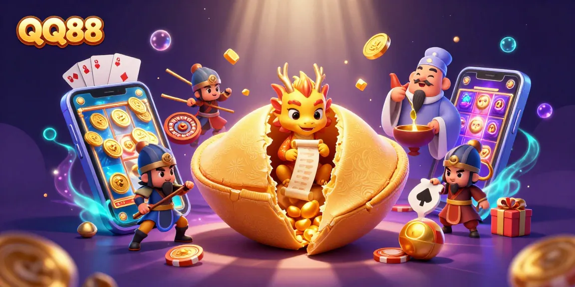 Engage in thrilling gameplay with QQ88's dynamic casino scene featuring vibrant slot elements.