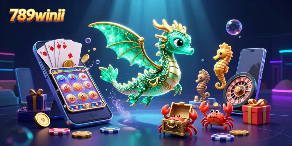 Experience the excitement of 789winii with a dynamic underwater scene of games and treasures.