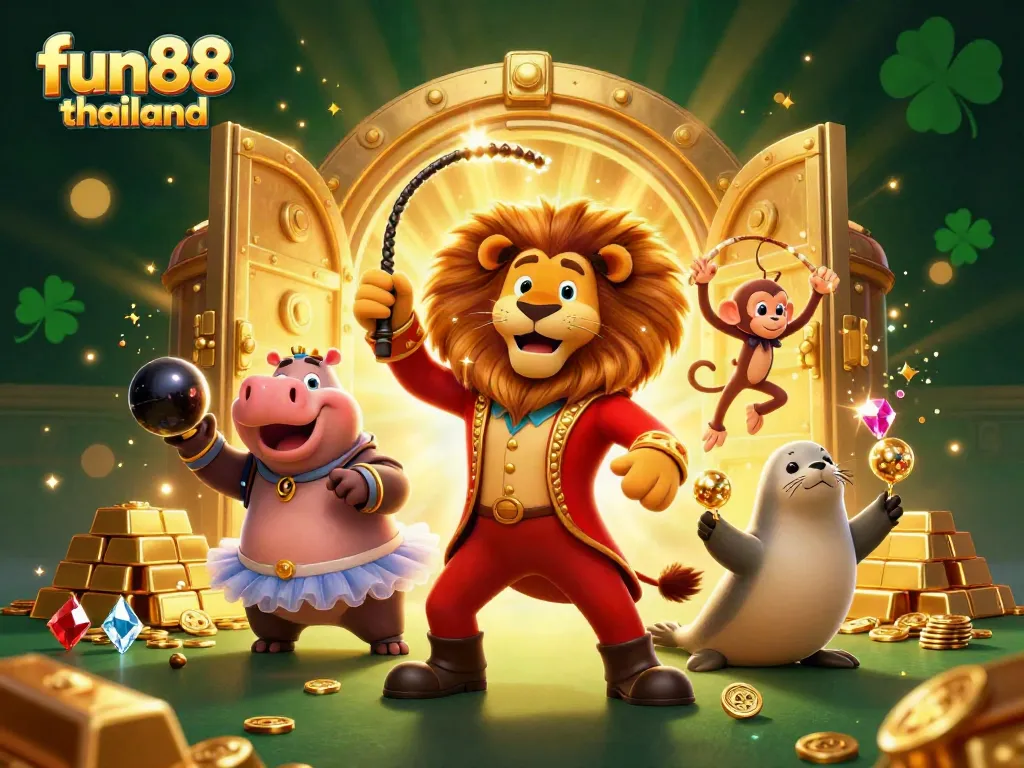 Experience the excitement of fun88 thailand with vibrant casino-themed 3D art, filled with gold treasures.
