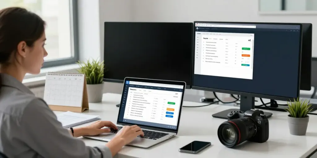 Een vrouw die aan een bureau werkt aan het registreren van een domeinnaam met een laptop en notities.