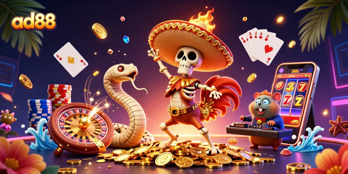 Join the fun at ad88 with a 3D dancing mariachi rooster amidst golden coins and casino games!