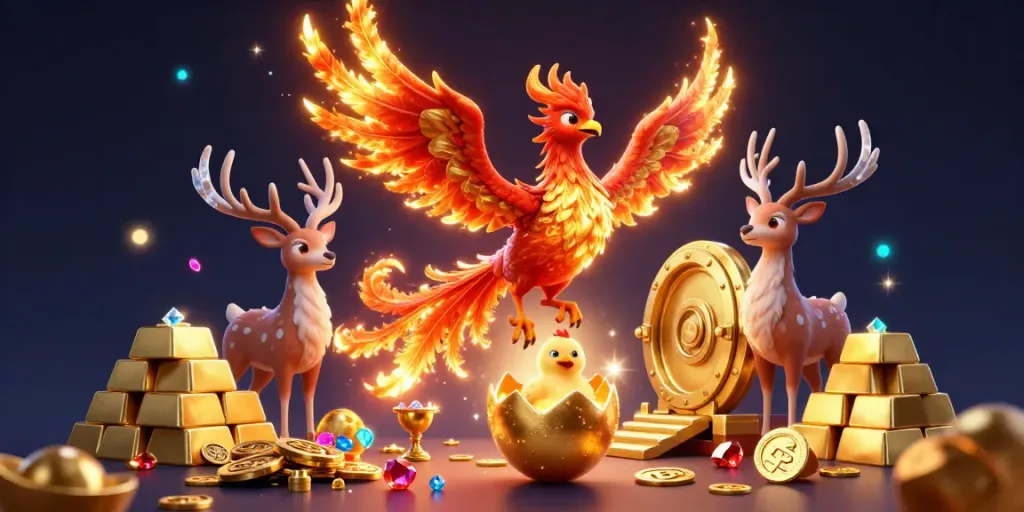 Experience the vibrant charm of 8XBET’s casino scene with a majestic phoenix and treasure galore.
