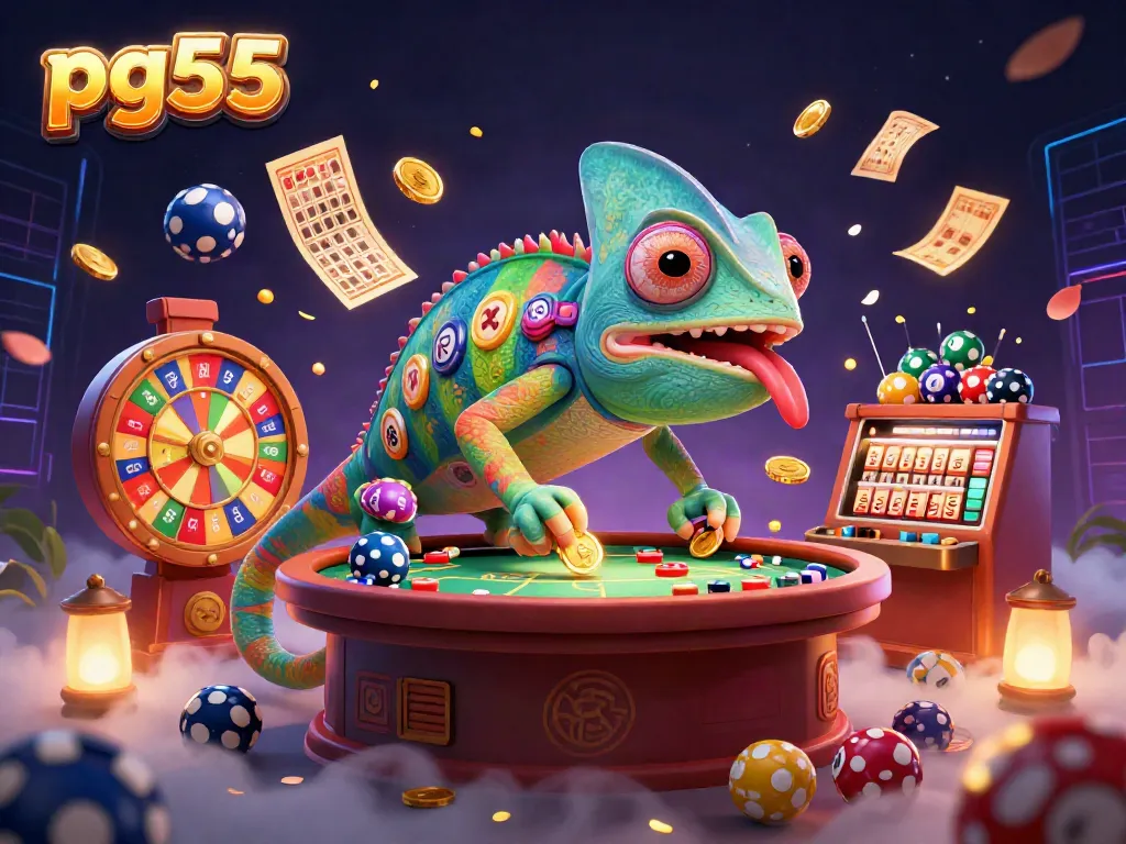Experience the casino excitement with pg55 featuring a colorful chameleon owner, golden coins, and vibrant lottery elements.