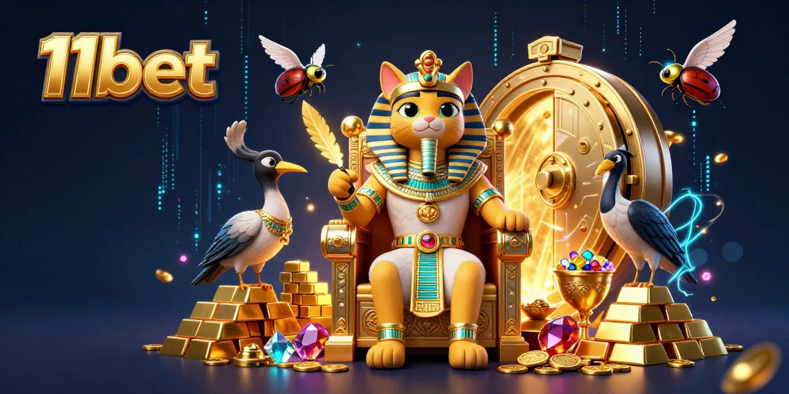Celebrate 11bet's rich rewards with a vibrant 3D illustration of an Egyptian pharaoh cat in a casino.