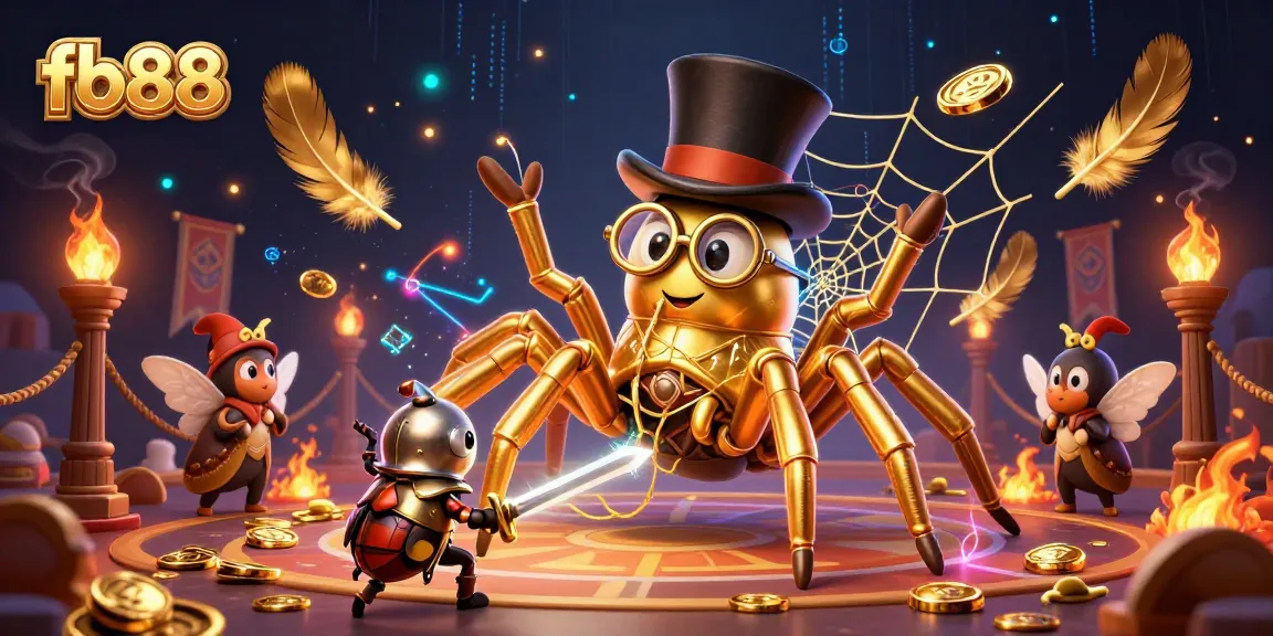 Engage with fb88's vibrant online casino atmosphere featuring a golden tarantula and beetle knight.