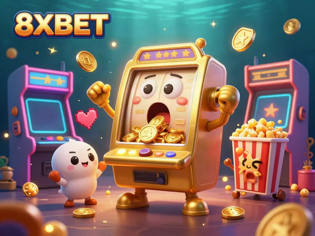 8XBET's golden slot machine celebrates a jackpot in a vibrant casino scene with cheering machines.