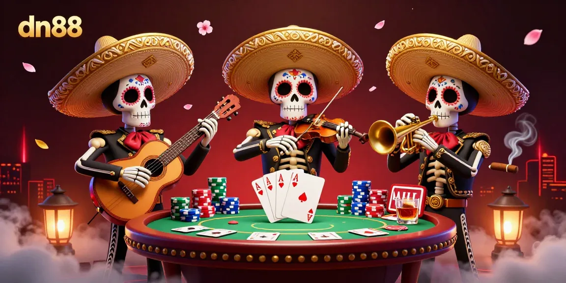 Experience the vibrant energy of dn88 with this exciting mariachi band illustration set in a lively poker scene.