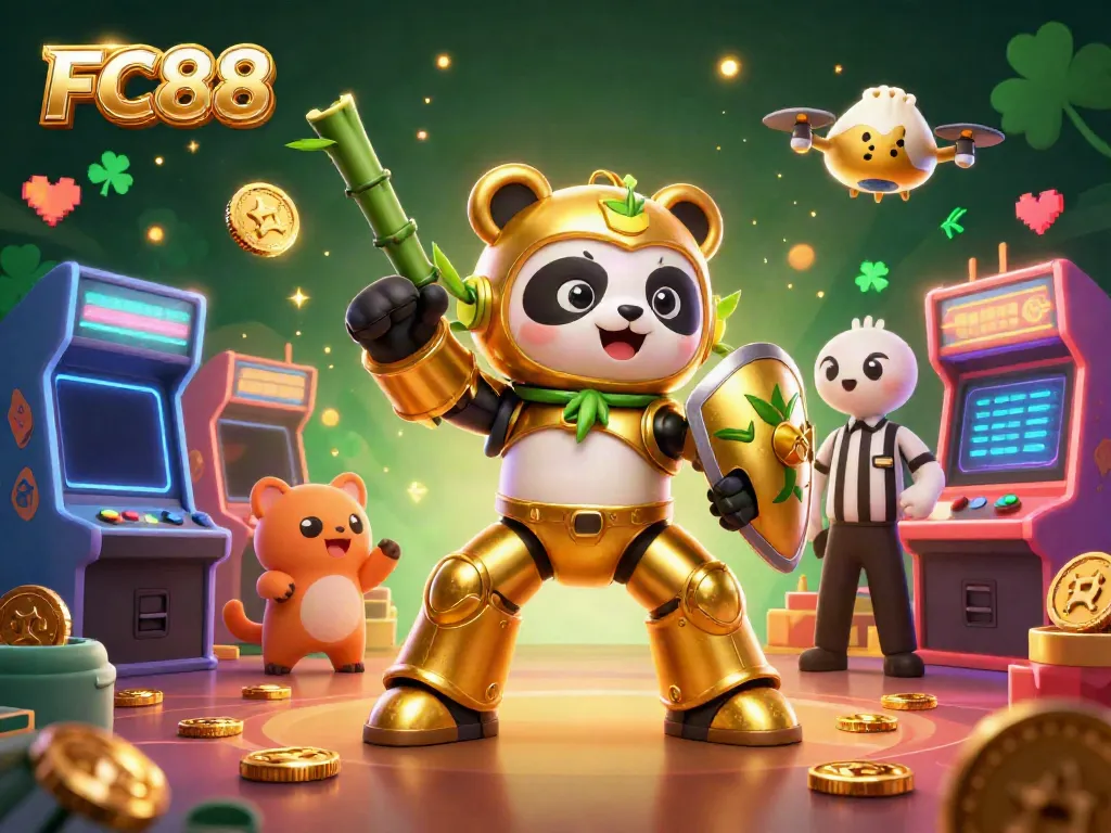 The golden panda piloting a bamboo robot in a lively casino scene represents FC88's engaging gambling experience.