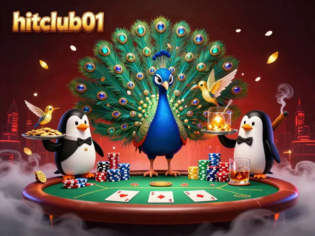 Experience hitclub01's vibrant casino world with a brilliant peacock and penguin in stunning 3D.