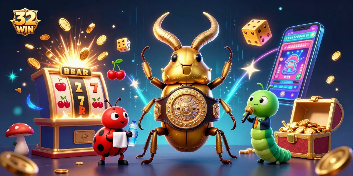 Experience the vibrant excitement of 32WIN with a dynamic 3D scene featuring casino elements and characters in action.