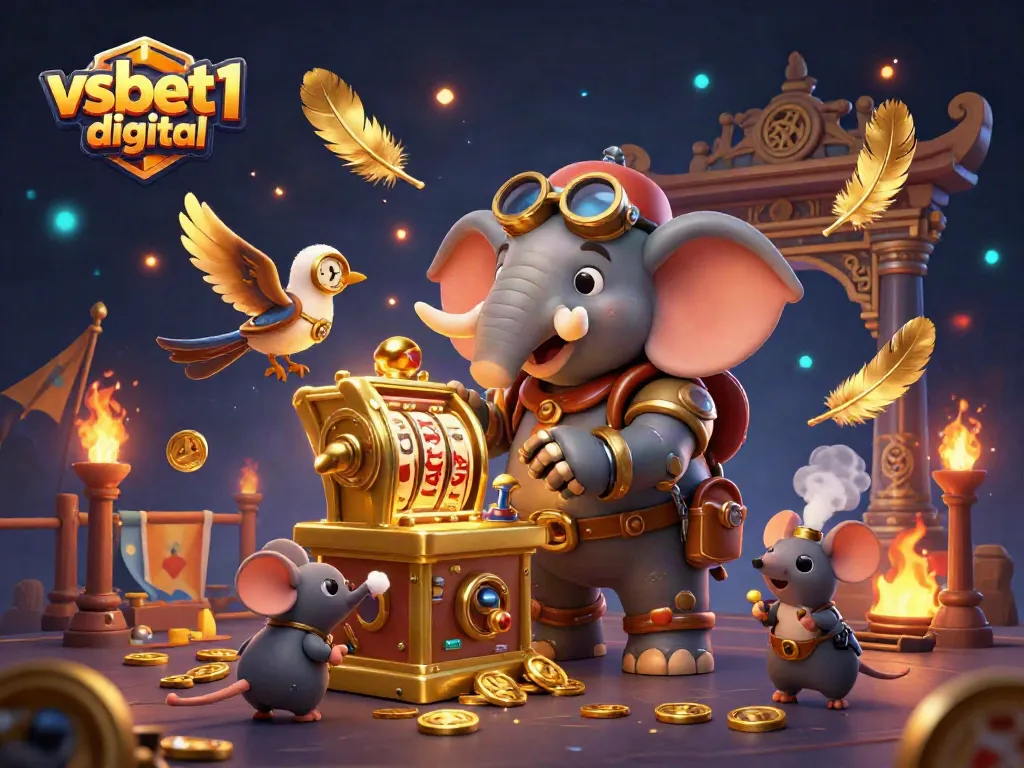 Engaging 3D scene of vsbet1 digital with a steampunk elephant engineer at a slot machine, showcasing dynamic gaming elements and vibrant energy.