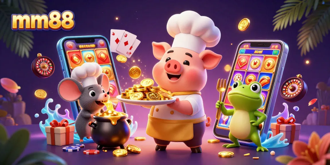 Play exciting games at mm88 with golden coins and dynamic casino elements in an engaging illustration.