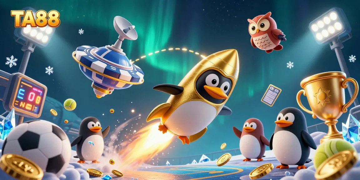 TA88 casino adventure with a golden penguin and dynamic sports elements amidst a stellar backdrop.