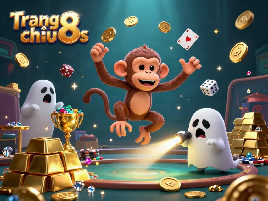 Experience the vibrant action of Trang chủ 8s with a mystical monkey juggling gold as a curious puppy tracks it.