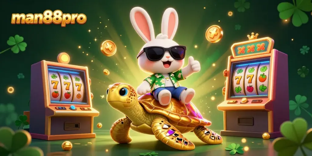 Experience the excitement of man88pro with a cartoon rabbit and turtle in a vibrant casino scene.