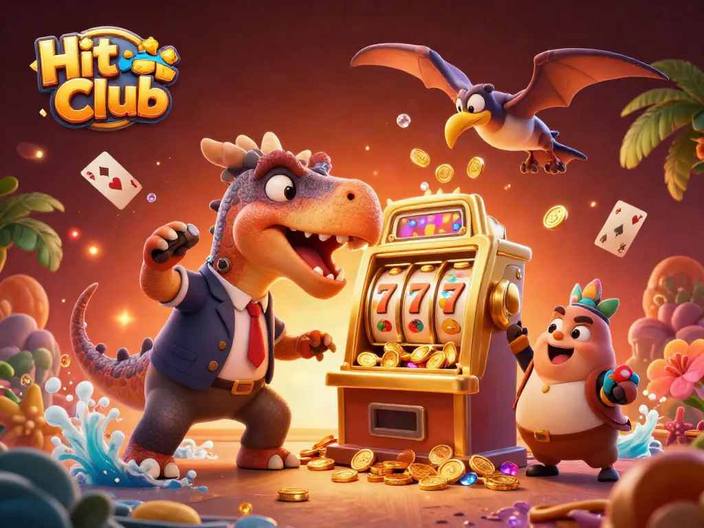 Engaging illustration of Hit Club showcasing a pachycephalosaurus winning jackpot coins at a golden slot machine.