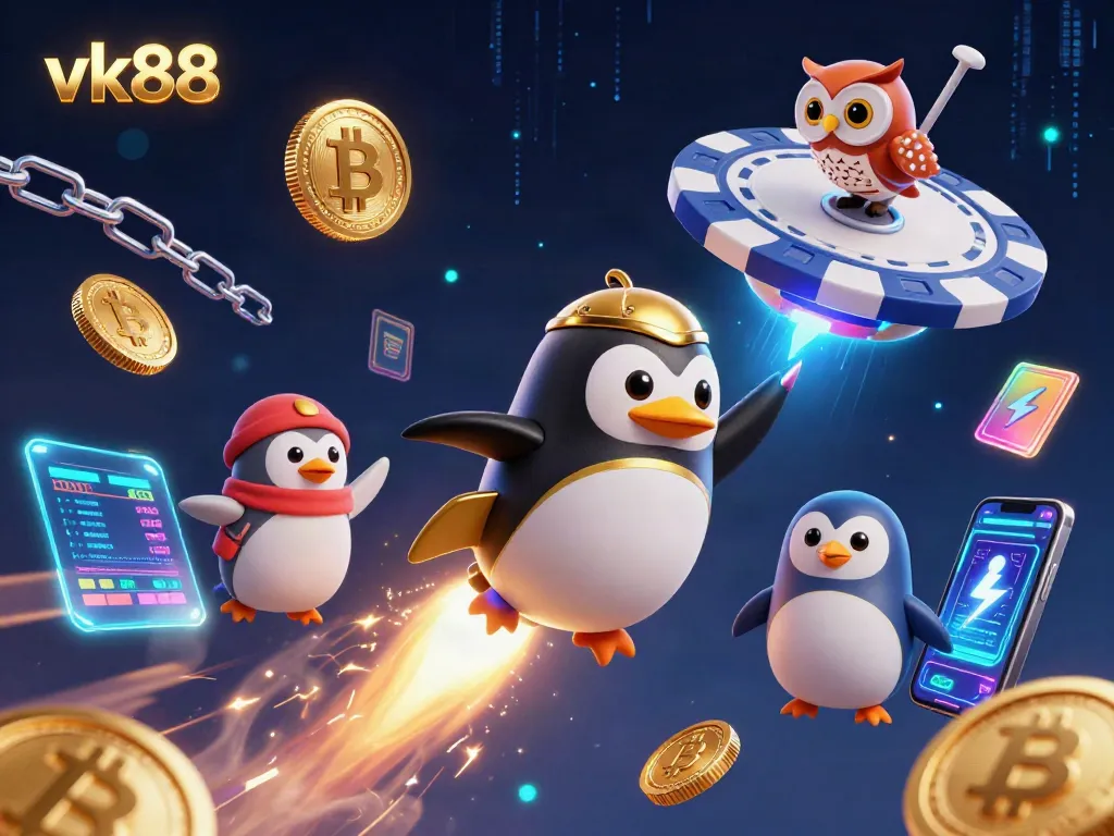 Engage with the exciting world of vk88 through a vibrant gaming scene featuring a golden penguin and glowing coins.